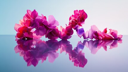 Fototapeta premium burst of pink and purple flower petals arranged in abstract 8 shape on smooth reflective surface