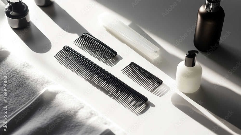 Poster clean flat lay of hairstyling tools including comb and styling product displayed on matte white surf