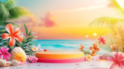 Tropical Sunset Beach Scene with Colorful Podium Display