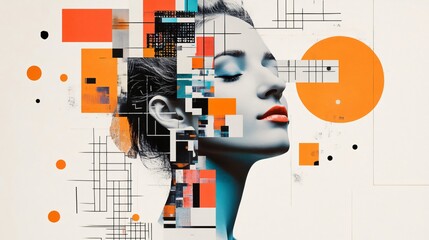 Abstract portrait of a woman with geometric shapes. Modern art collage with orange, blue, and black colors. Creative and contemporary design.