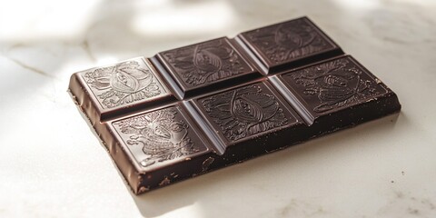 dark chocolate bar with detailed engraving displayed on matte white surface under diffused natural light