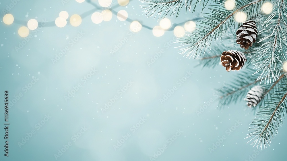 Poster a pine cone dangling on a pine tree branch with a hazy backdrop and diffuse illumination