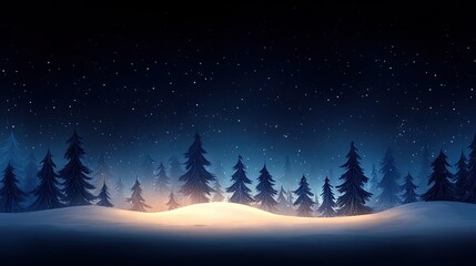 Fototapeta premium A winter's night, hill dusted white, pines in foreground, starry sky above