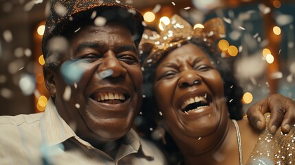 A joyful African-American couple celebrates New Year amidst confetti and decor, smiling brightly