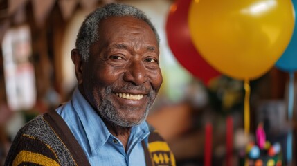 A joyful Black man celebrates his birthday surrounded by friends, colorful balloons, and a festive vibe