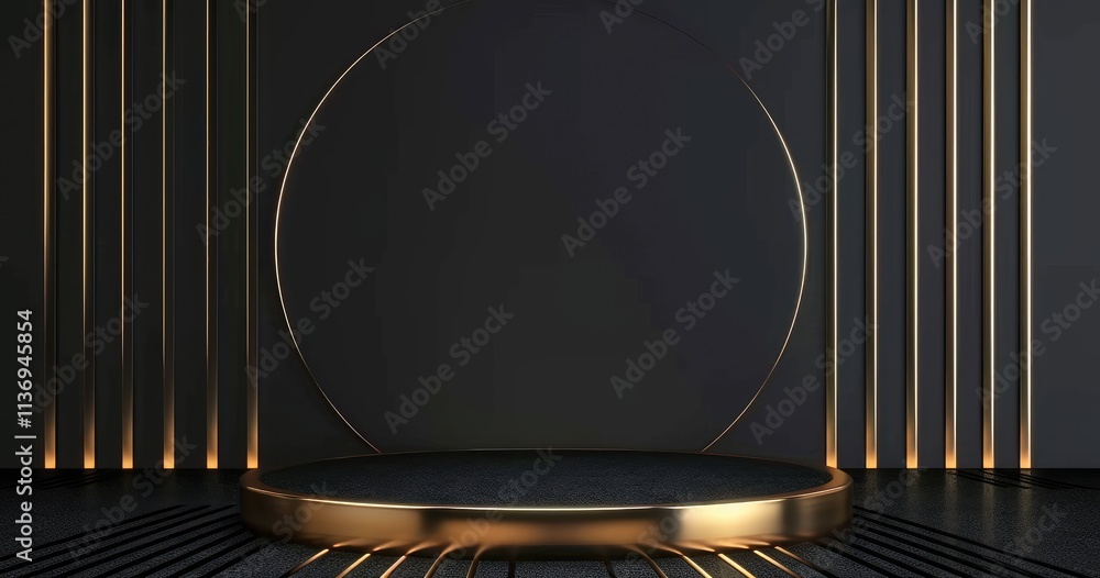 Poster a minimalist stage design featuring a circular platform and sleek vertical lines with lighting.