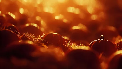 Selbstklebende Fototapeten Golden hour sunlight bathes a field of pumpkins, creating a warm, autumnal scene. Perfect for Thanksgiving or Halloween themes. © Putu