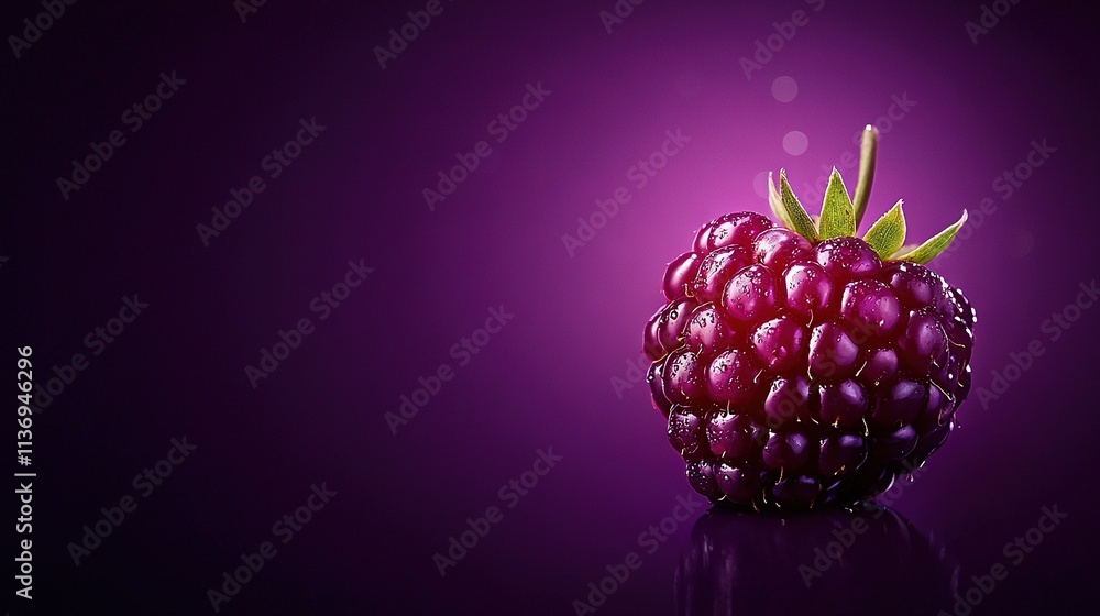 Poster a close-up of a raspberry on a purple background with a reflection in the foreground