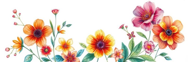 Watercolor illustration of colorful flowers on a white background, decorative, botanical, petal