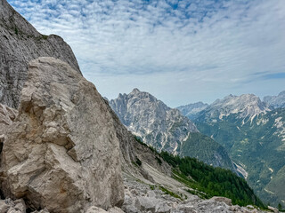 Massive jagged rock foramtion Panoramic view of rugged mountain ridge Prisank in majestic Julian...