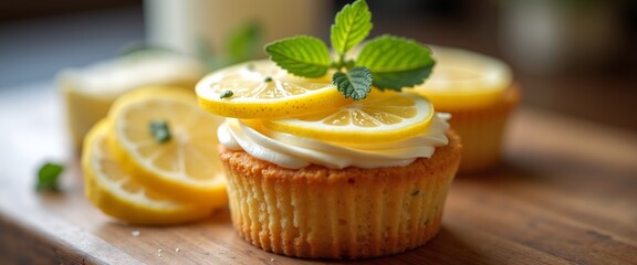 Lemon capcake with cream and lemon slice on neutral background. For posters, banners, backgrounds. With copy space. Food concept. National lemon cupcake day. National lemon cupcake day