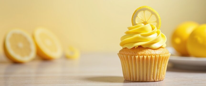 Lemon capcake with cream and lemon slice on neutral background. For posters, banners, backgrounds. With copy space. Food concept. National lemon cupcake day. National lemon cupcake day