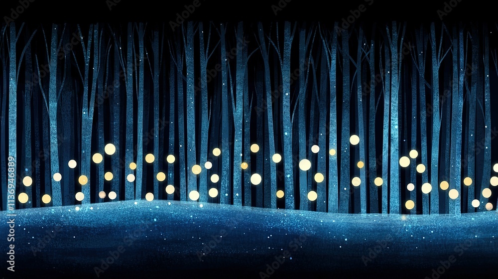 Poster a painting of a forest with numerous lights shining from tree trunks during nighttime