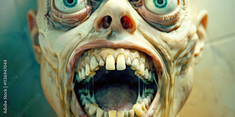 Poster digital rendering of grotesque face with open mouth and saliva