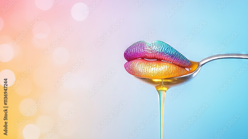 Poster a close-up photo of a spoon with liquid droplets dripping from its tip the spoon's edge has a slight
