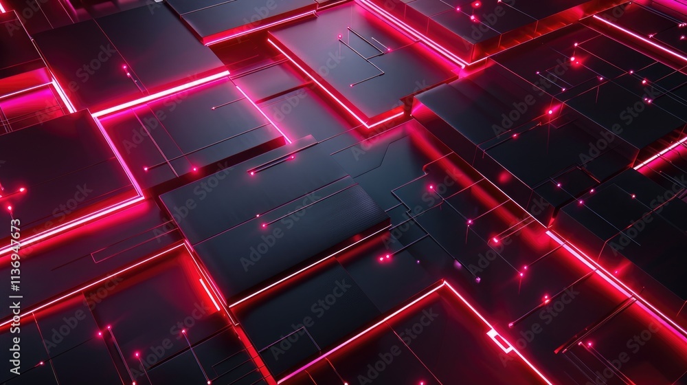 Poster abstract digital design featuring glowing circuits and blocks in a futuristic aesthetic.