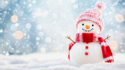 Fototapeta premium Cheerful snowman standing in a winter wonderland during the holiday season. Generative AI
