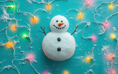 Obraz premium A snowman surrounded by colorful Christmas lights on an aqua background