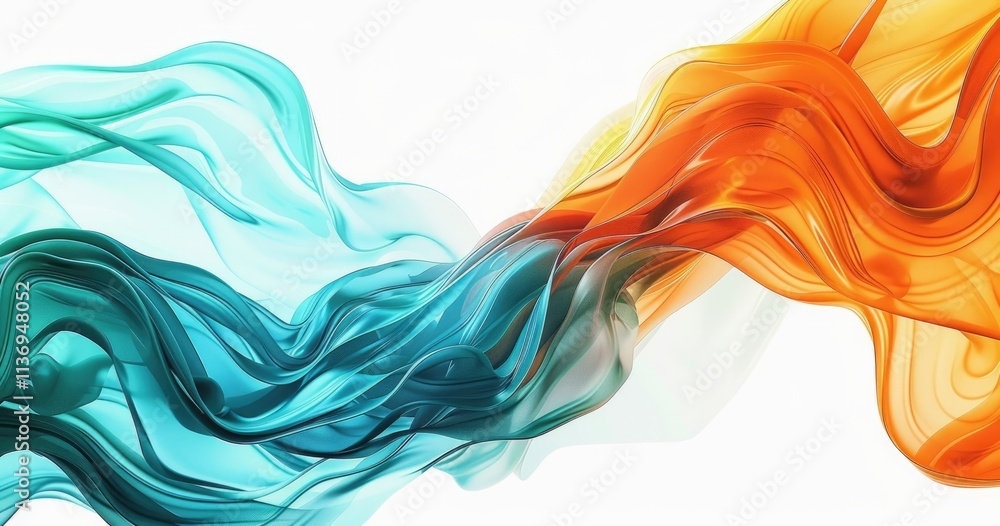 Poster abstract flowing waves in turquoise and orange hues create a dynamic visual effect.