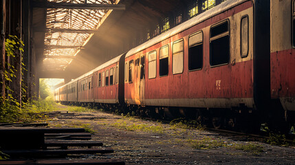 Obraz premium A forgotten station in the middle of an abandoned city, where trains lie dormant, covered in dust, waiting to leave in a world that no longer exists.