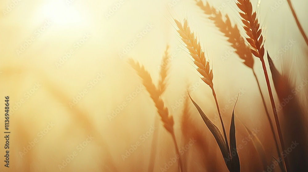 Poster a close-up of a field of grass with sunlight in the background and blowing wind