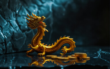 Fototapeta premium A golden dragon figurine sits elegantly on a dark surface, illuminated by soft, focused lighting, symbolizing strength, prosperity, and tradition.