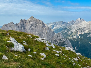 Panoramic view of rugged mountain ridges of majestic Julian Alps seen from top of summit Lipnica....