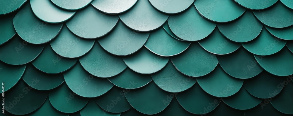Poster fish scale, semigloss mosaic tiles arranged in the shape of a wall. green, futuristic, blocks stacke