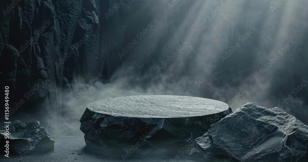 Poster a mystical stone platform surrounded by dark rocks and mist, illuminated by soft rays of light.