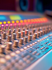 Fototapeta premium Sound mixing console used in music production with various knobs and buttons illuminated