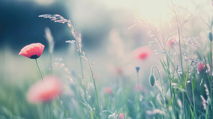 Vibrant red poppy flowers blooming in a sunlit meadow during spring. Generative AI