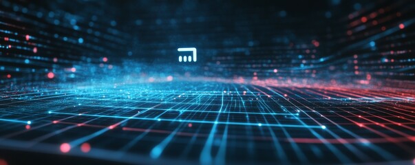 Energy Technology Concept with battery symbol against a Futuristic, Blue Digital Grid background. Network Tech Wallpaper.