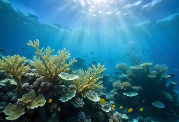 Naklejka premium Underwater scene with vibrant coral reefs swaying in the current , with a bright blue-green water background