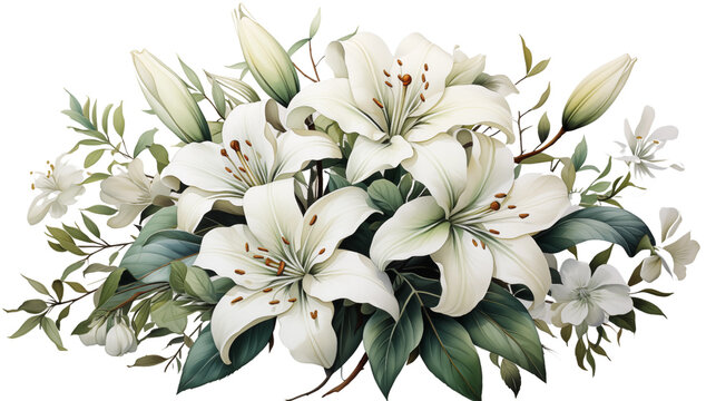 Fototapeta Elegant watercolor bouquet featuring delicate white lilies, perfect for artistic designs and decor themes, isolated on transparent background.
