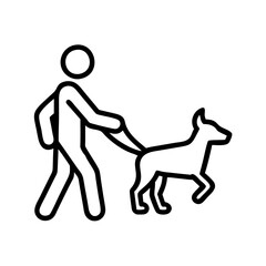dog and owner walking icon, dog day line art, dog day icon - simple black line art icon of dog and owner walking, for dog day celebrations. dog day vector art.