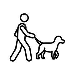 dog and owner walking icon, dog day line art, dog day icon - simple black line art icon of dog and owner walking, for dog day celebrations. dog day vector art.