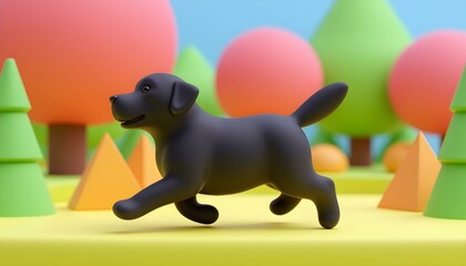 Obraz premium 3D render icon of a sleek black Labrador Retriever, poised in a running position, with its ears flapping, against a vibrant park backdrop create with ai