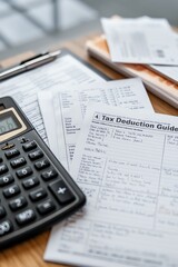Calculator and tax documents on wooden desk, financial paperwork and calculations.