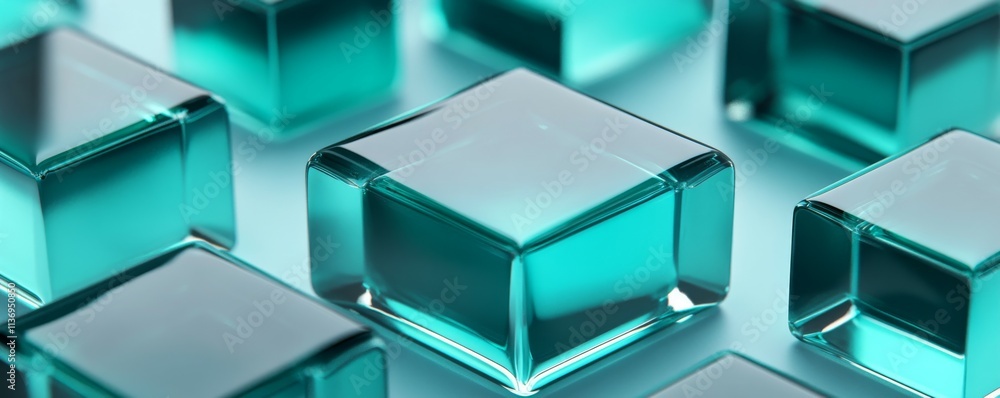 Poster futuristic tech background with perfectly arranged translucent blocks. teal and black, .