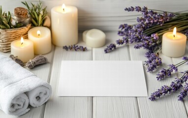 A blank spa gift certificate placed elegantly on a wooden table with aromatic candles, soft towels, and lavender flowers on a bright white background