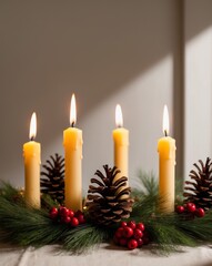 Warm Candlelight in a Festive Holiday Setting Adorned with Pine Cones and Berries