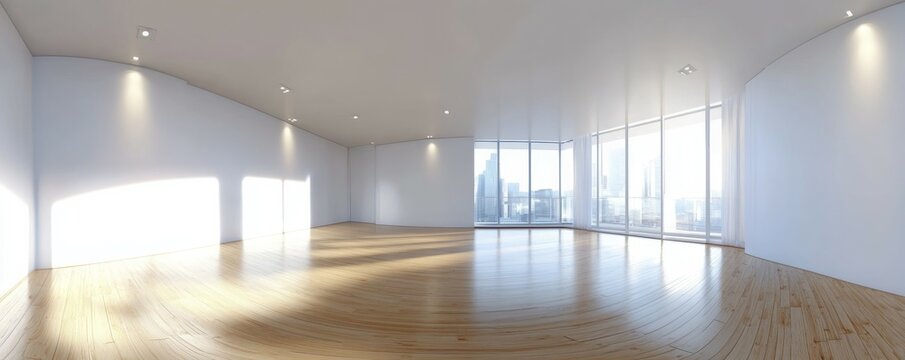 HDRI Environment Map. Empty White Room with Wood Floor. Window illuminates the space with bright natural Light.