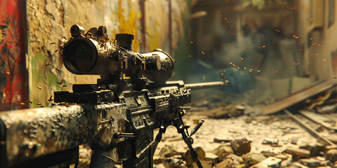 Camouflaged Sniper Rifle in Debris-Filled Setting