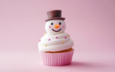 A snowman shaped like a cupcake on a pale pink background