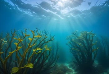 Underwater panorama of a kelp forest swaying in the current , with a bright blue-green water background