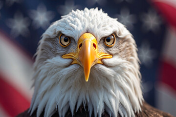 Bald eagle majestic and proud against patriotic American flag background, close-up portrait