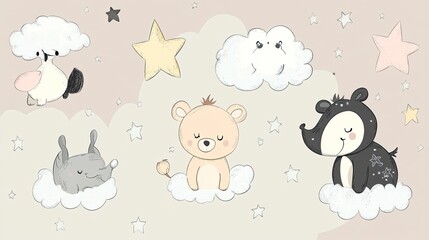 Obraz premium Cute cartoon animals on clouds and stars background.