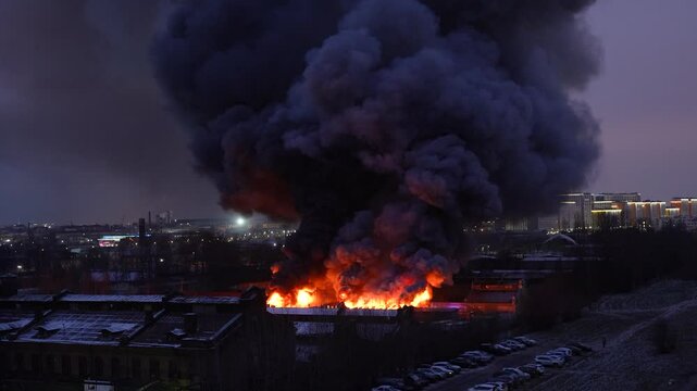 Heavy fire with acrid smoke in warehouse with toxic paint materials, firefighters participate in extinguishing. Industrial fire, short circuit in electrical wiring. 