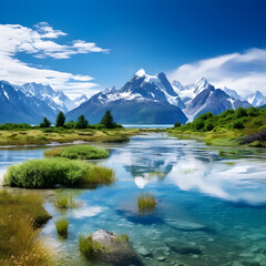Spectacular Panorama of Untouched Wilderness: Lake, Foliage, and Snow-Capped Mountains