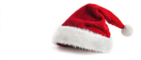 A traditional red and white Santa Claus hat with fluffy trim and pompom isolated on pure white background. Generative AI.